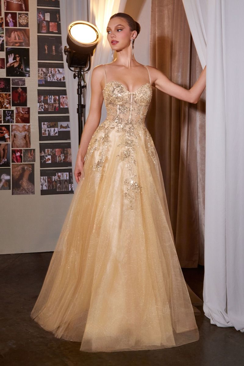 Floral Beaded Corset Ball Gown with Glitter Tulle Skirt (C177)