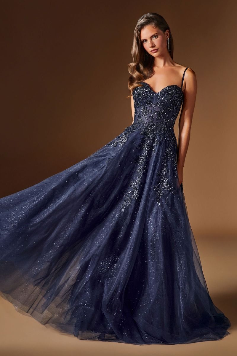 Floral Beaded Corset Ball Gown with Glitter Tulle Skirt (C177)