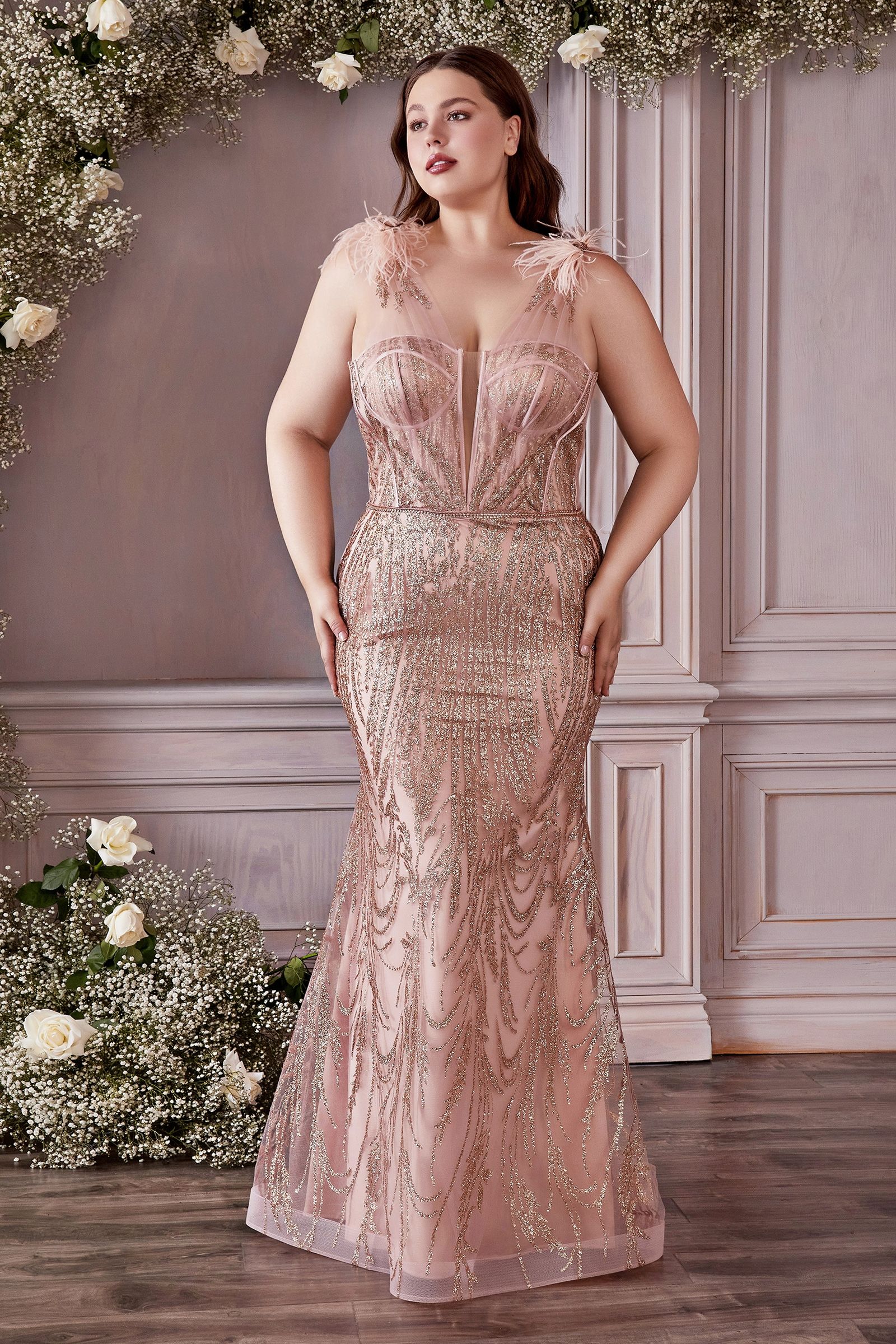 Fitted Glitter And Feather Gown (CB087C)