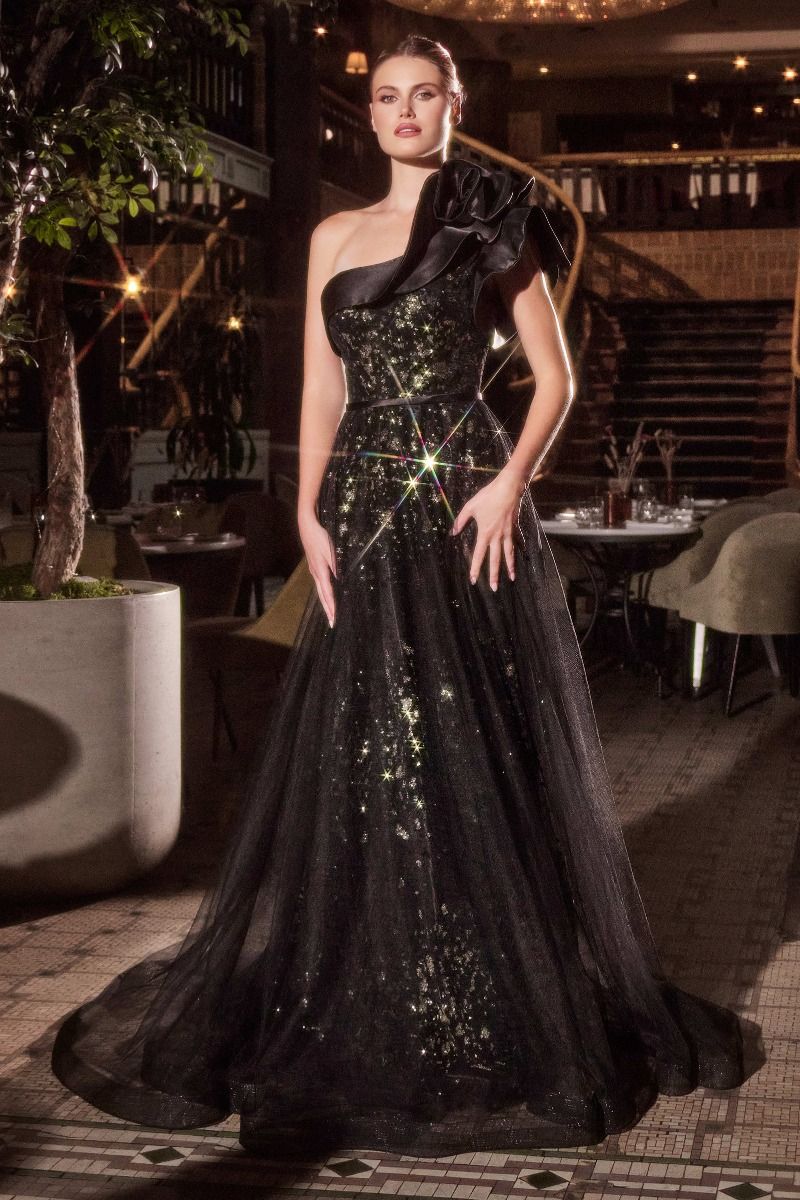 One Shoulder Black Ball Gown (CB157)