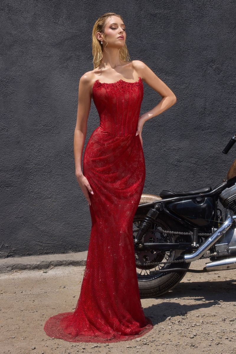 Beaded Mesh Overlay Strapless Gown (CB162)