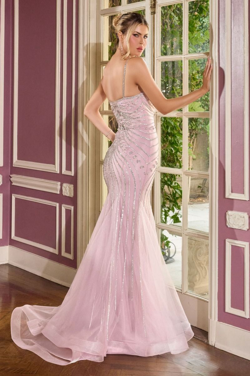 Fully Beaded Fitted Gown with Sculptural Lines and Bow Train (CB167)