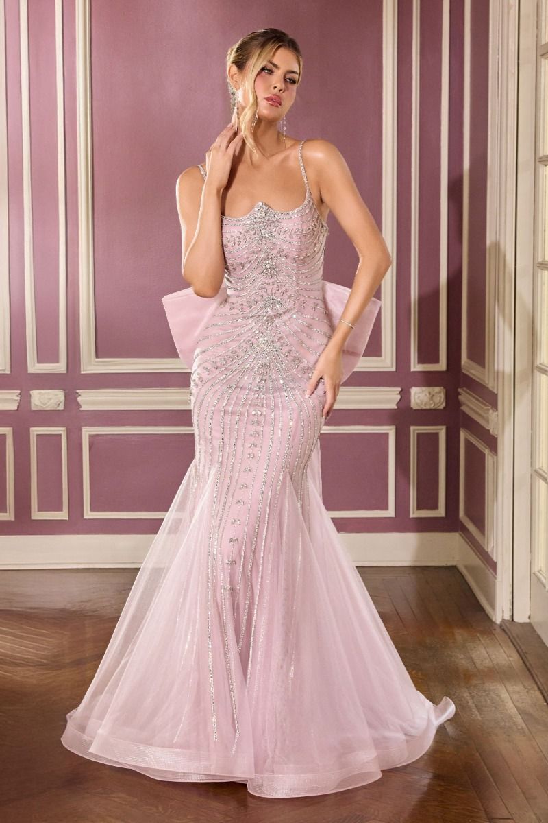 Fully Beaded Fitted Gown with Sculptural Lines and Bow Train (CB167)