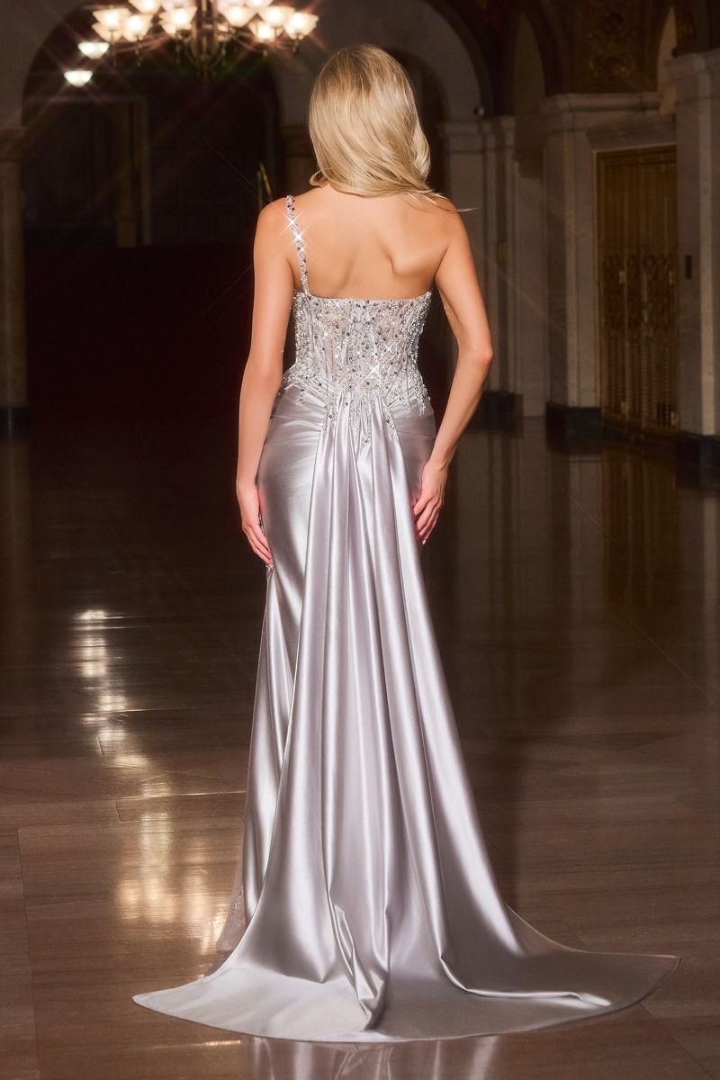 Opulent Asymmetrical Beaded Corset with Satin Slit Gown (CC0329)