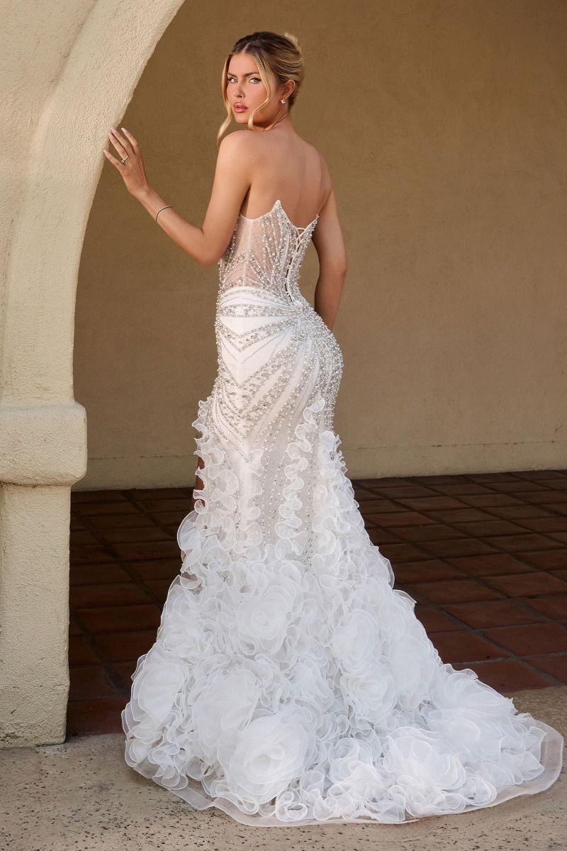 Crystal-Beaded Corset Wedding Gown with Ruffled Train and High Slit (CC2488W)