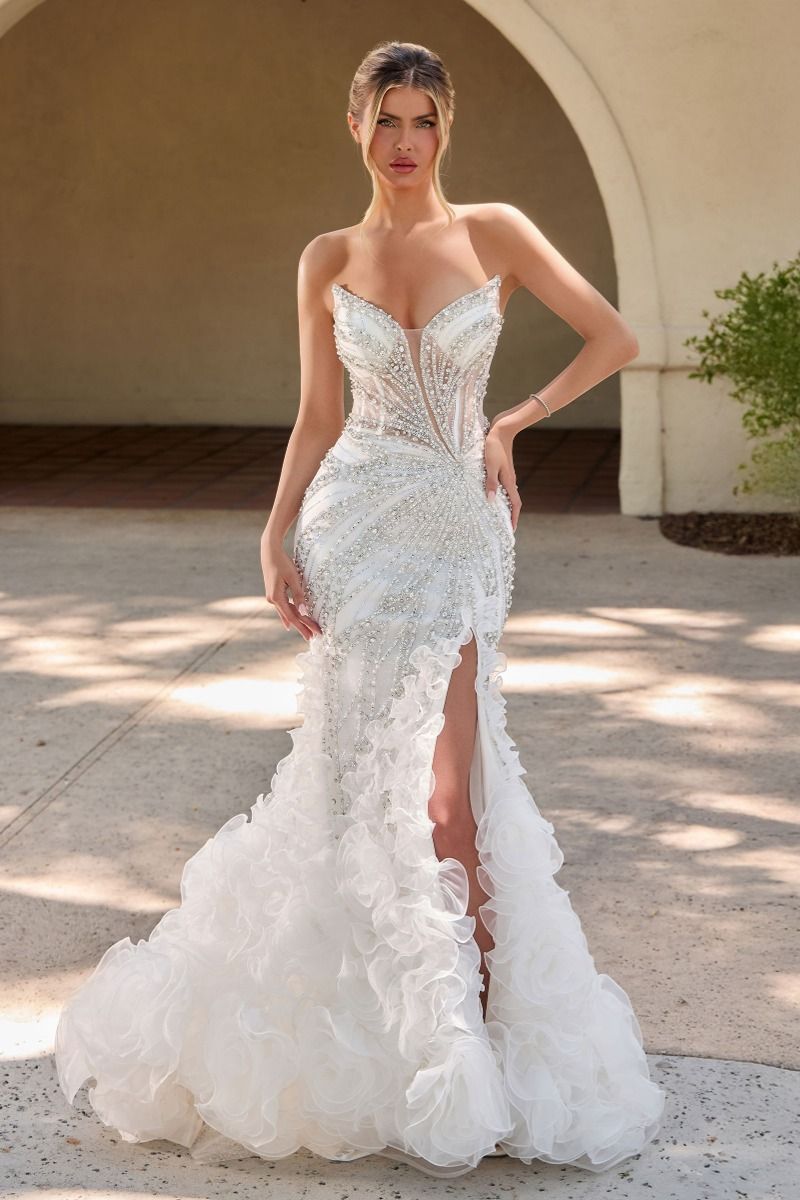 Crystal-Beaded Corset Wedding Gown with Ruffled Train and High Slit (CC2488W)