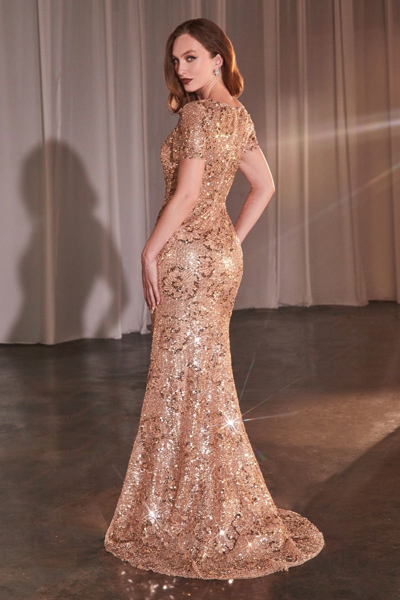 Elegant High Neck Sequin Gown with Short Sleeves and Flare (CC3700)