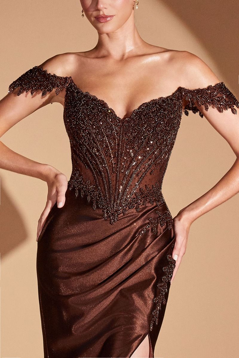 Embellished Lace Corset Bodice Off Shoulder Fitted Gown (CC456)