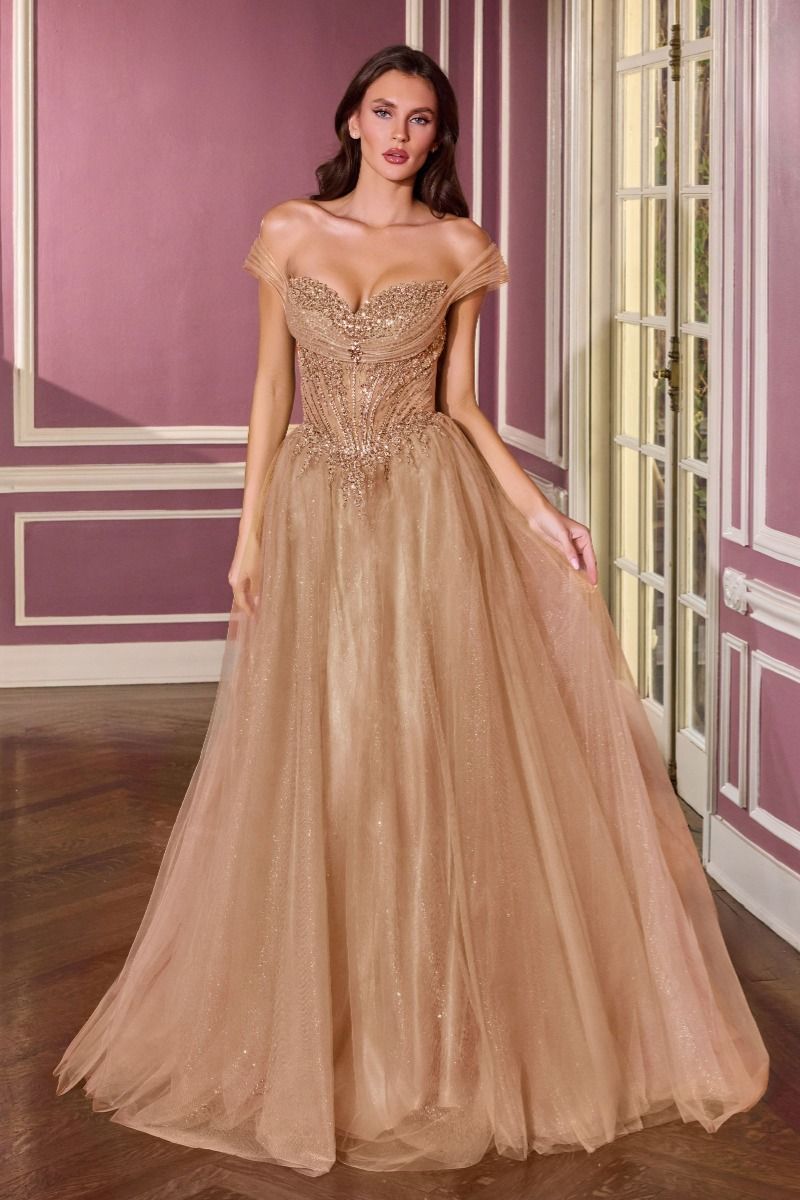 Opulent Off the Shoulder Beaded Corset with Glitter Tulle Gown (CC493)