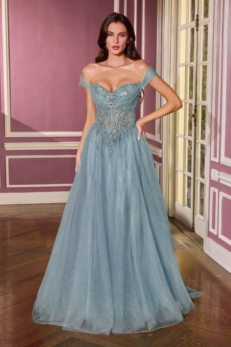 Opulent Off the Shoulder Beaded Corset with Glitter Tulle Gown (CC493)