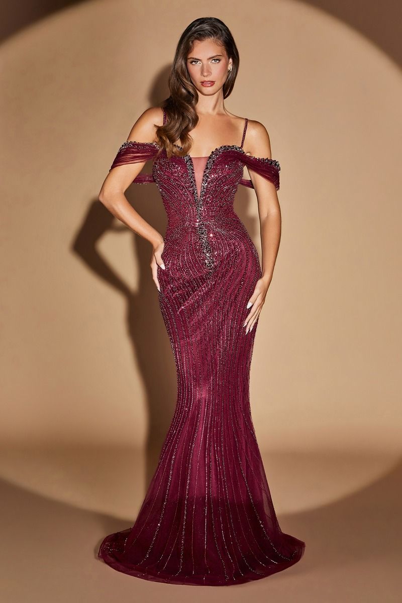 Off-Shoulder Beaded Mermaid Gown with Sculpted Bodice (CC496)