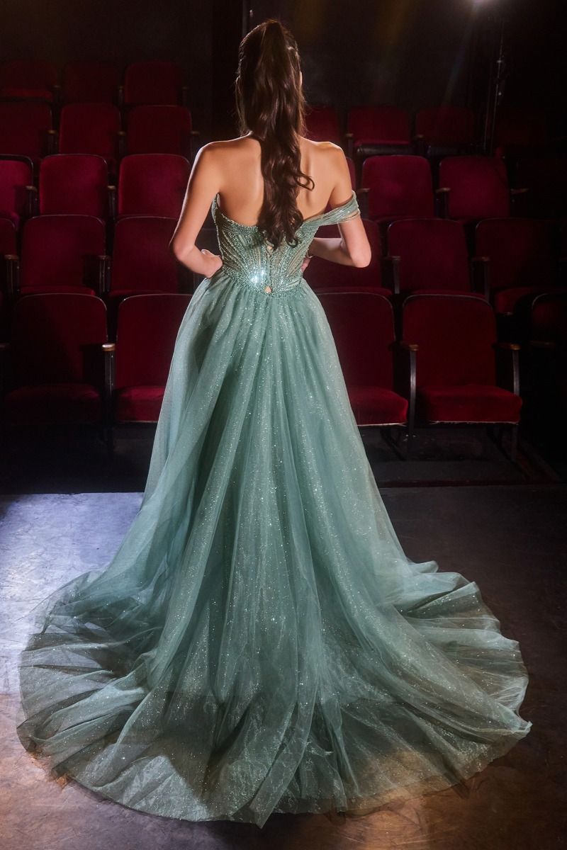 One-Shoulder Crystal Corset Gown with Glitter Tulle Overskirt (CC506)