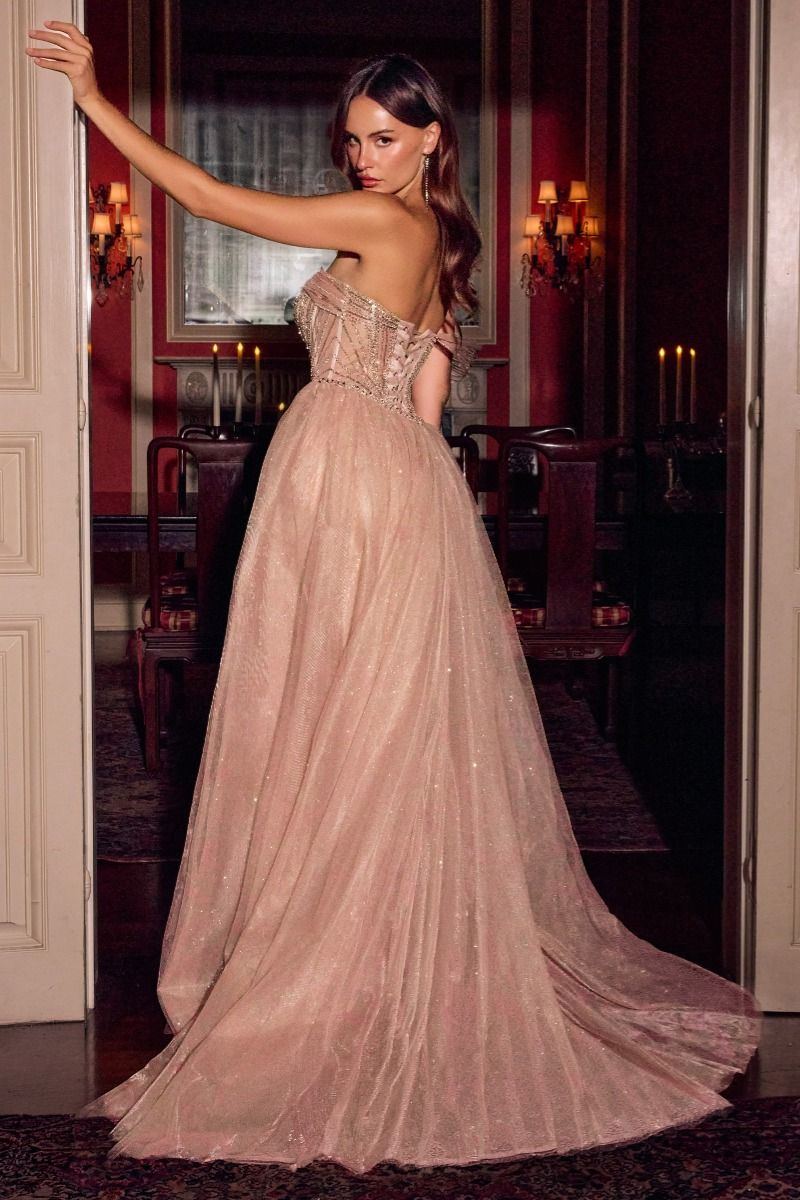One-Shoulder Crystal Corset Gown with Glitter Tulle Overskirt (CC506)