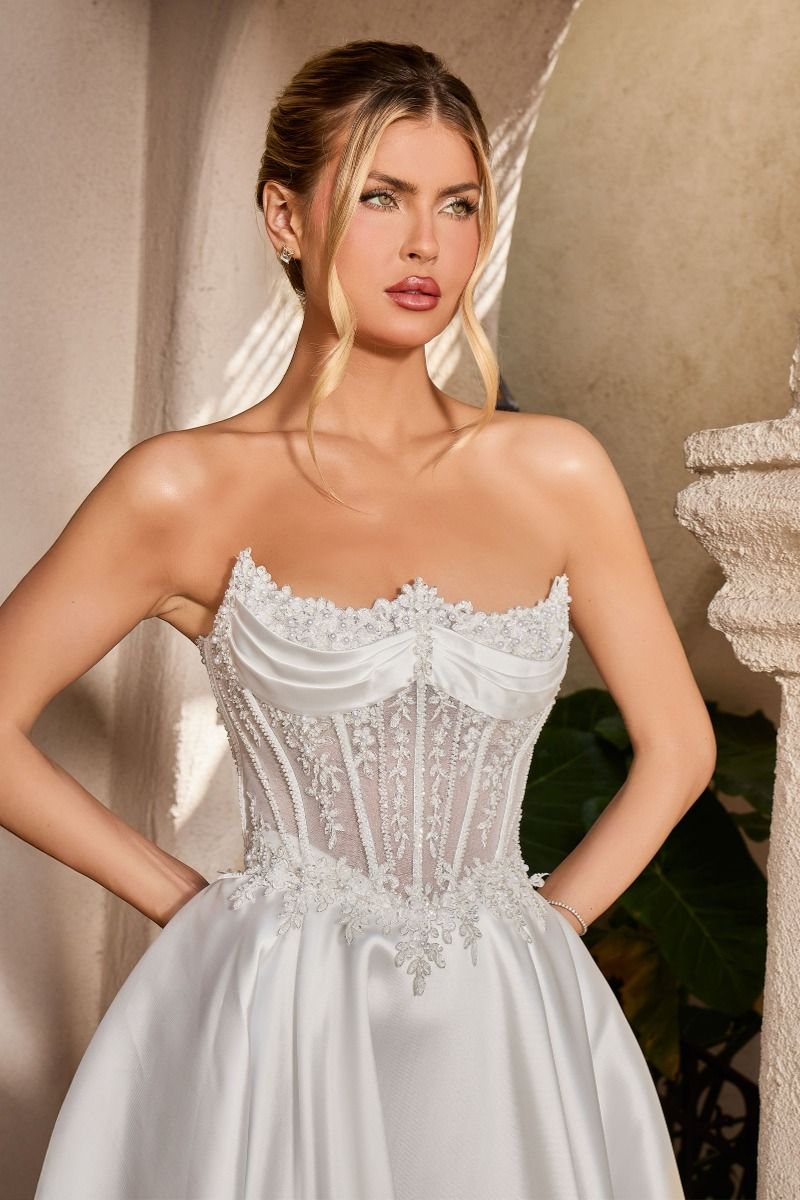 Romantic Strapless Satin A-Line Wedding Gown with Illusion Corset Bodice (CC511W)