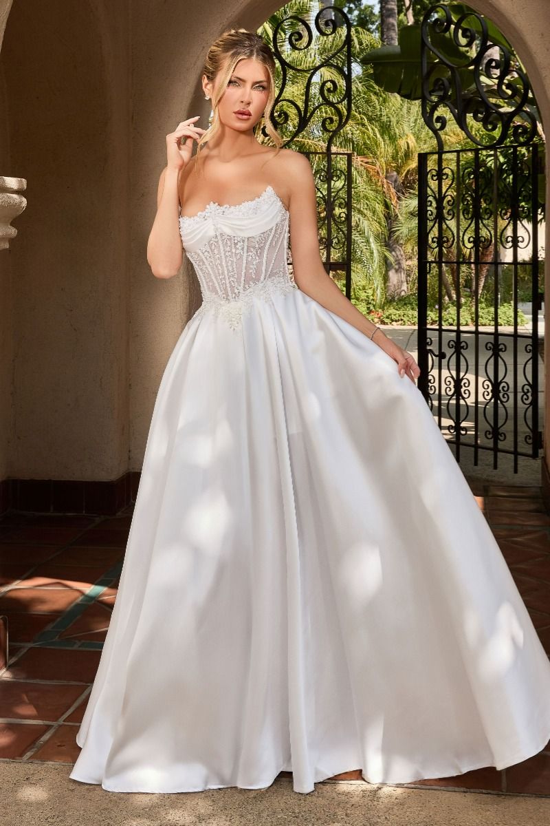 Romantic Strapless Satin A-Line Wedding Gown with Illusion Corset Bodice (CC511W)