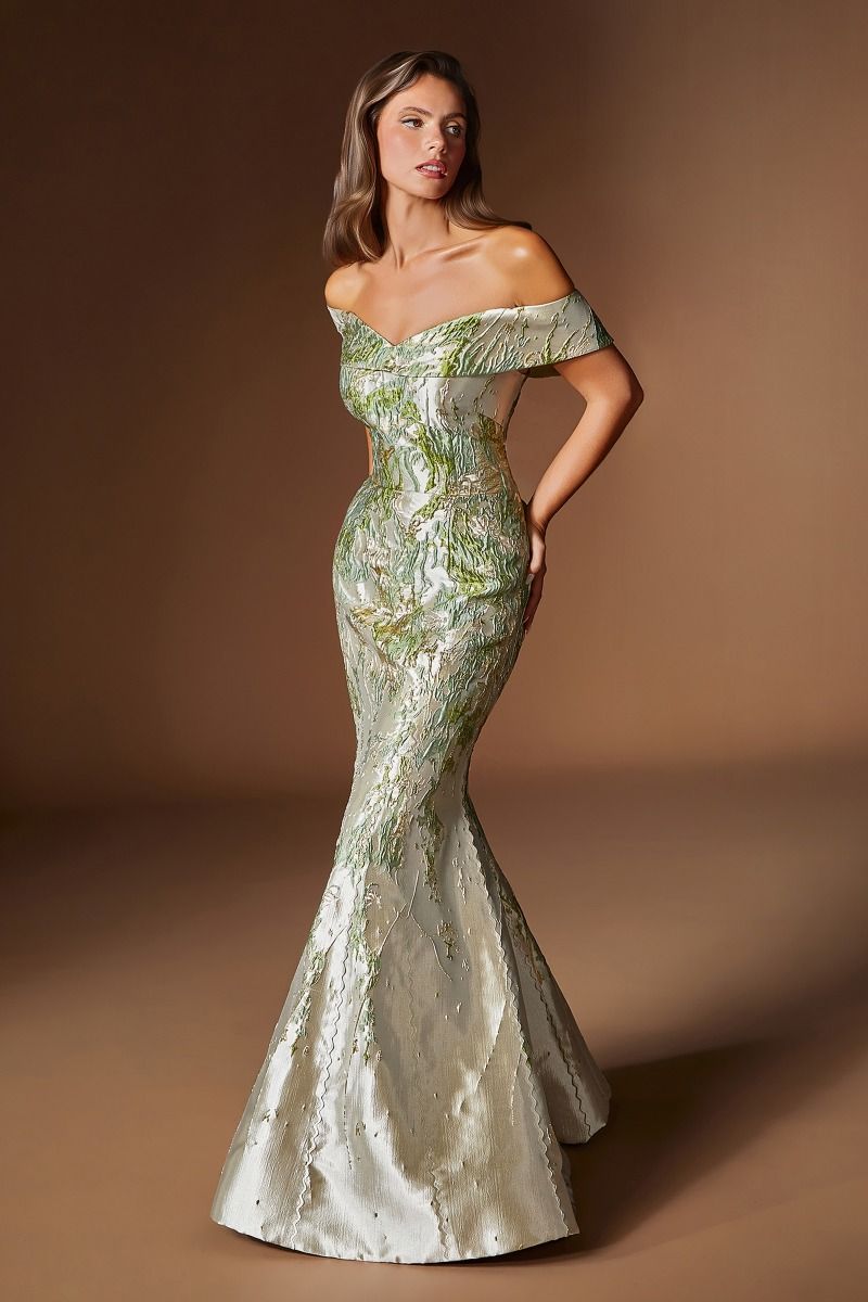Sculpted Off-the-Shoulder Jacquard Mermaid Gown (CD0107)