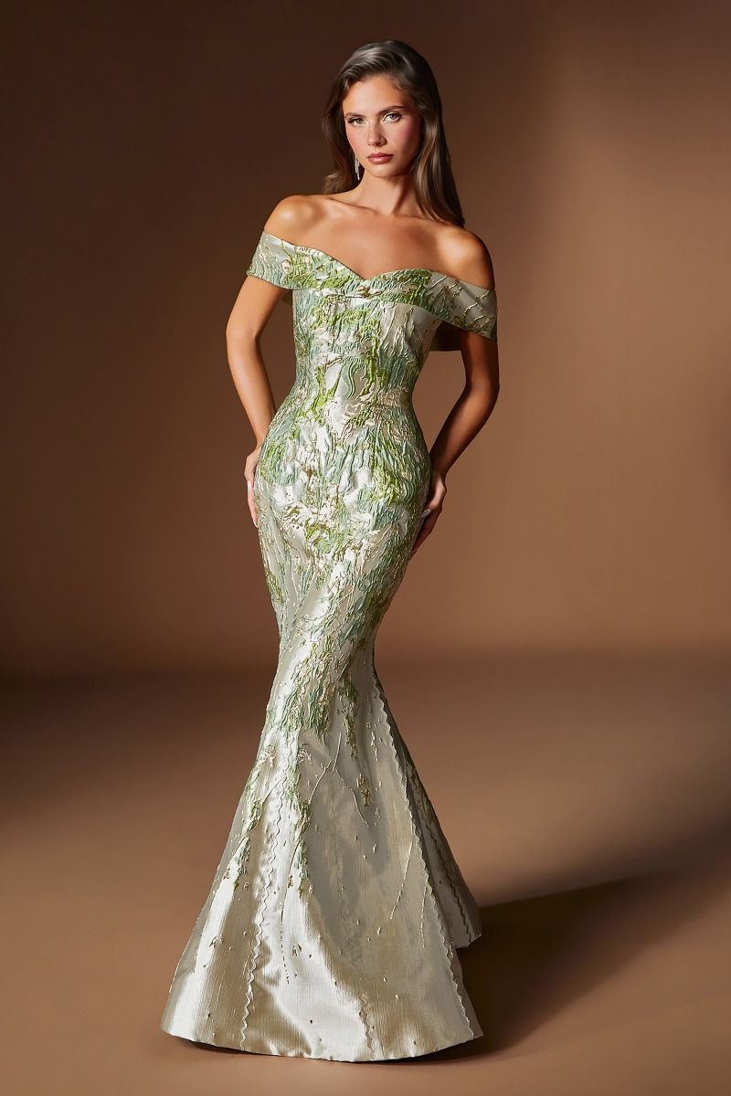 Sculpted Off-the-Shoulder Jacquard Mermaid Gown (CD0107)