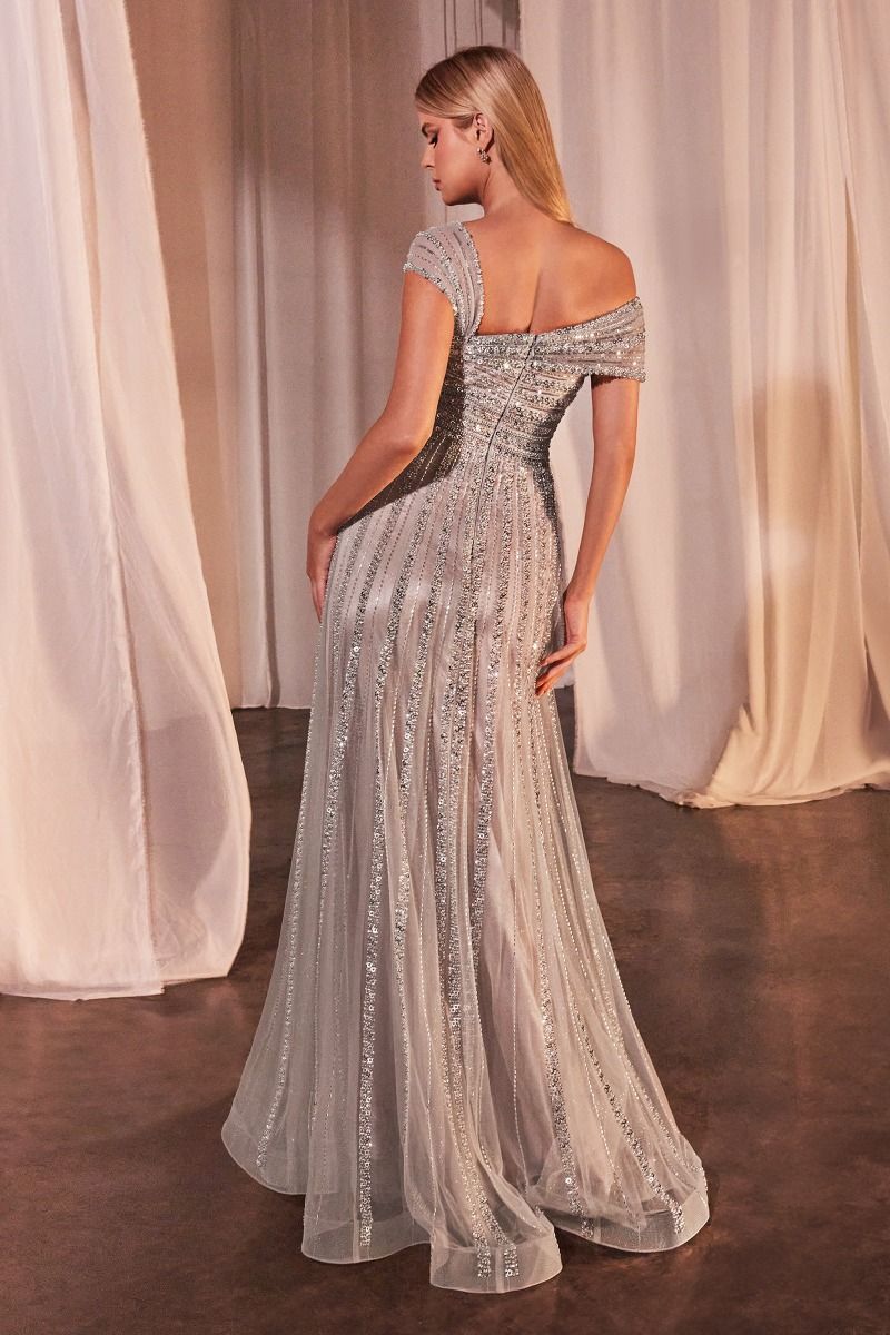 Asymmetrical Off The Shoulder A-Line Beaded Gown (CD0238)