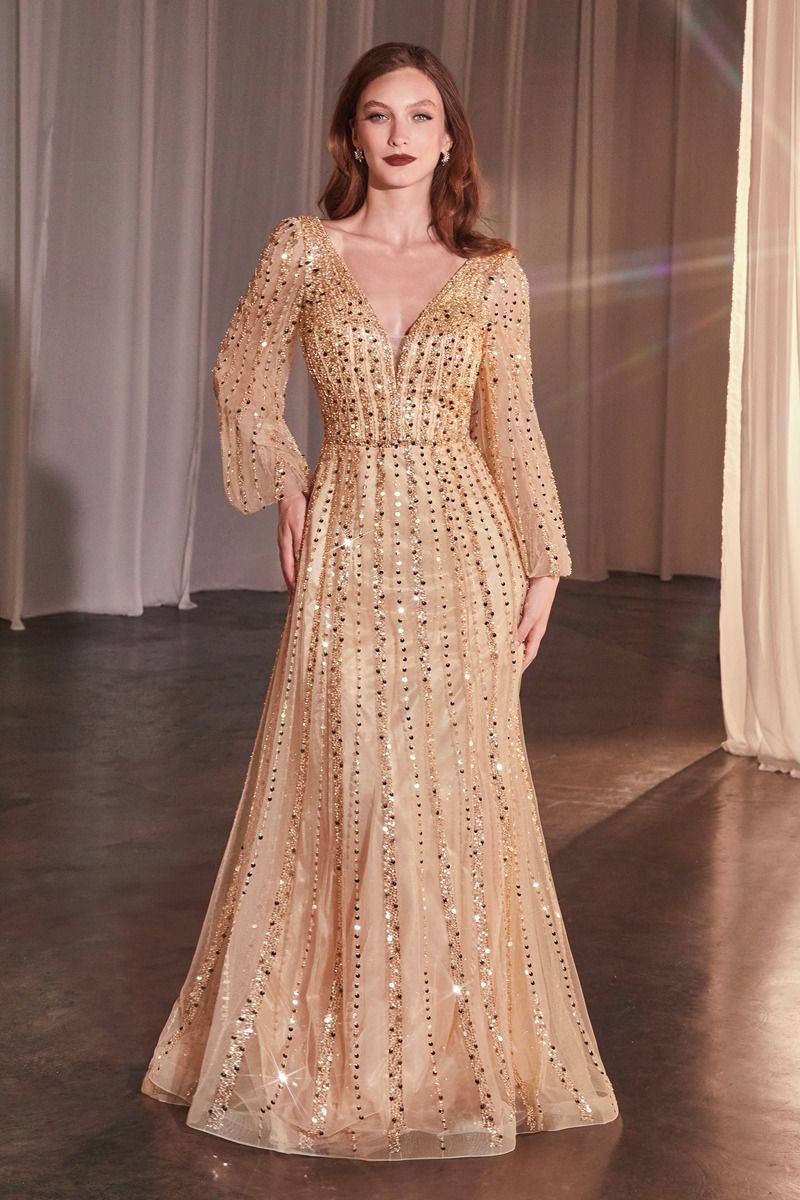 Long Sleeve A-Line Beaded Dress (CD0240)