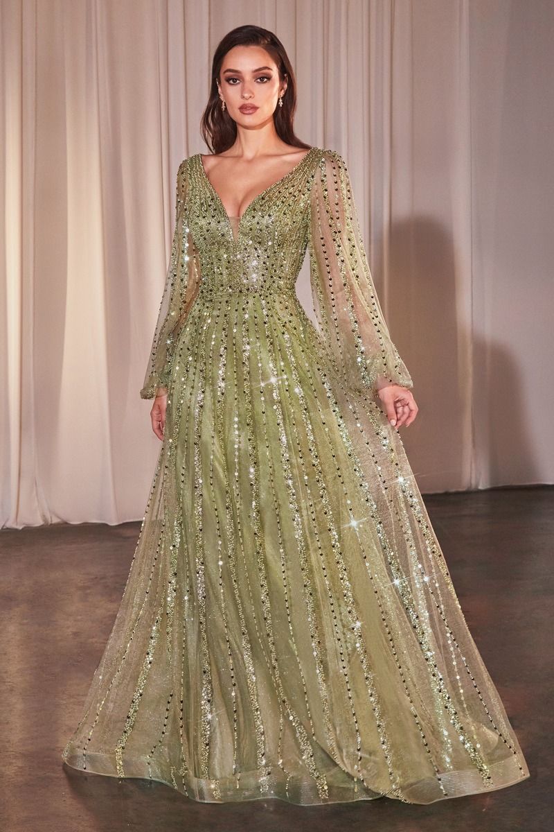 Long Sleeve A-Line Beaded Dress (CD0240)