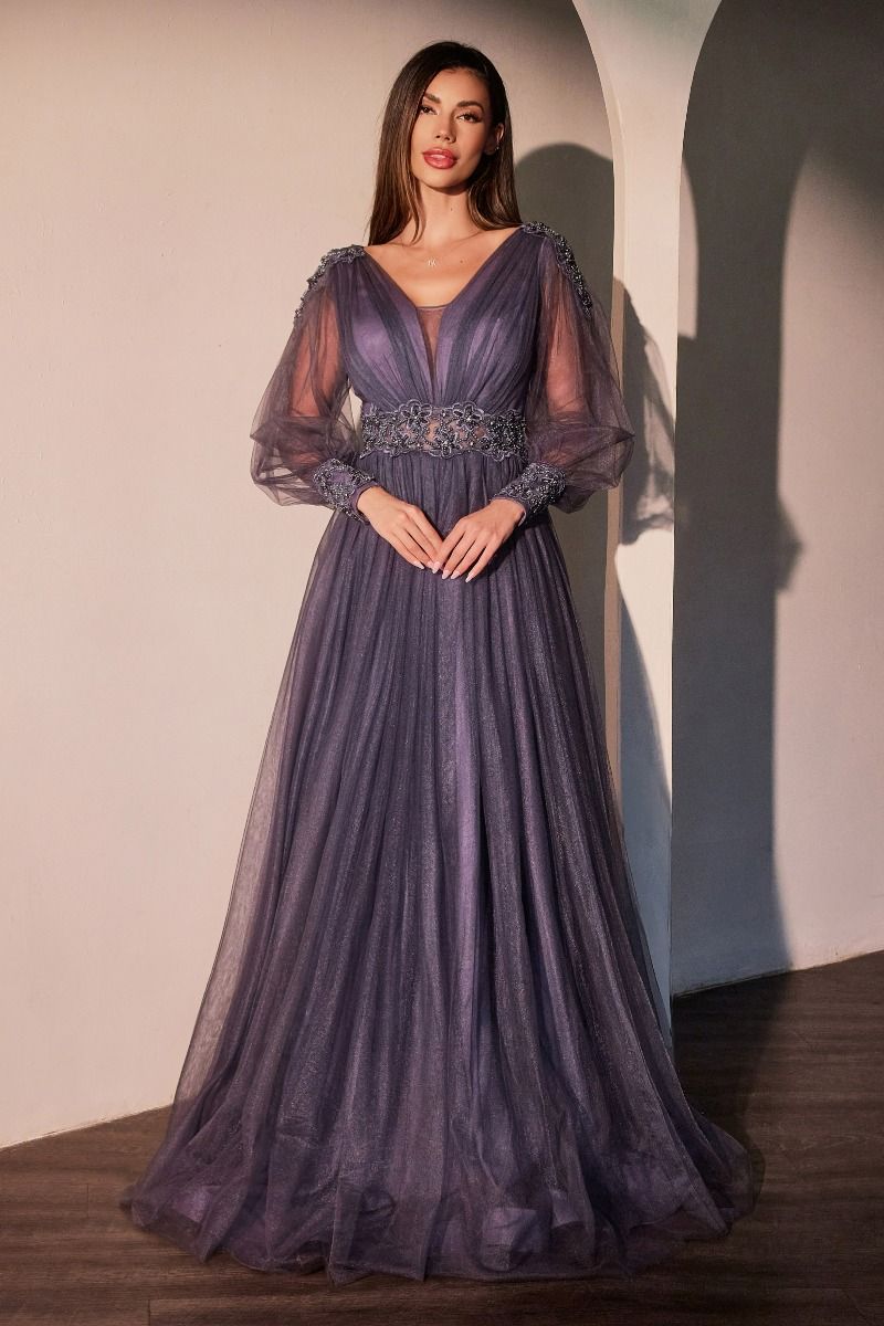 Elegant V-Neck Long Sleeve Lace Tulle A-Line Gown Structured Bodice (CD0938)