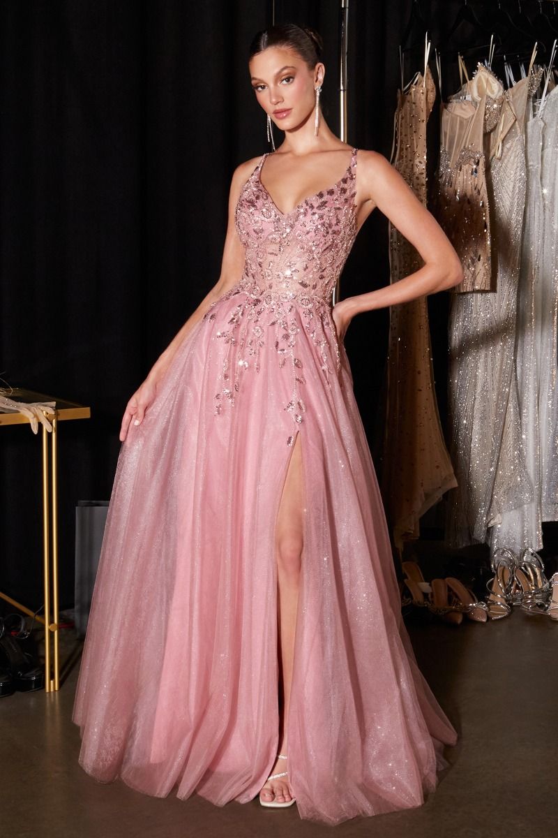 Glitter Appliqué A-Line Gown with V-Neckline and Leg Slit (CD2412)