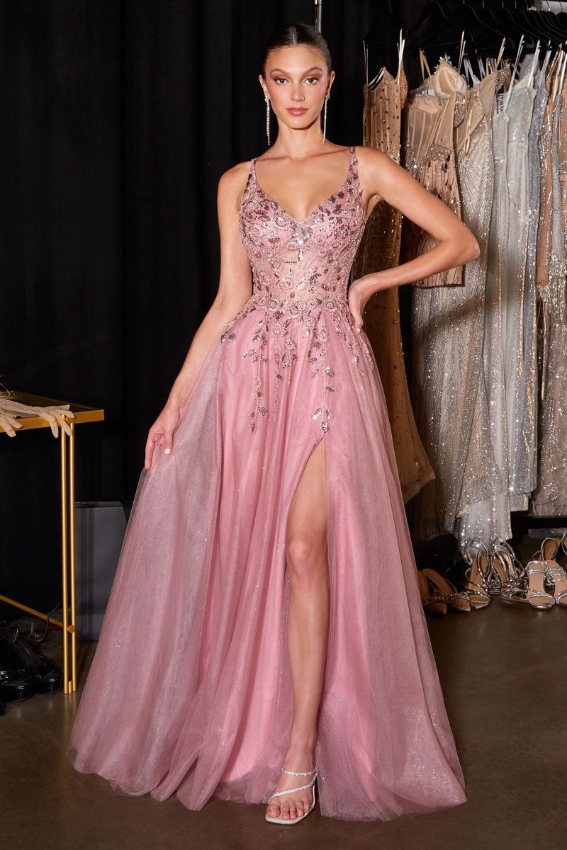 Glitter Appliqué A-Line Gown with V-Neckline and Leg Slit (CD2412)