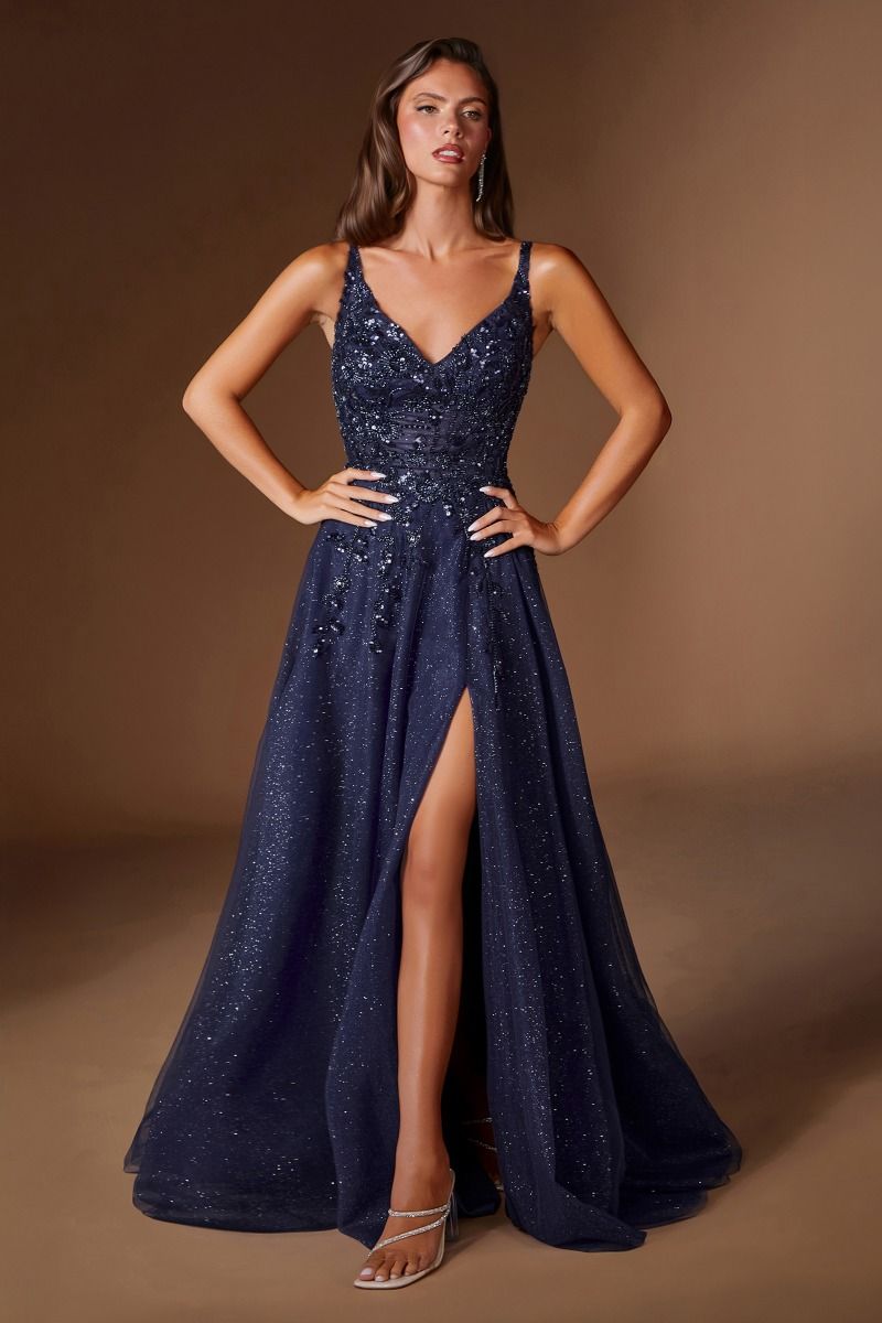 Glitter Appliqué A-Line Gown with V-Neckline and Leg Slit (CD2412)
