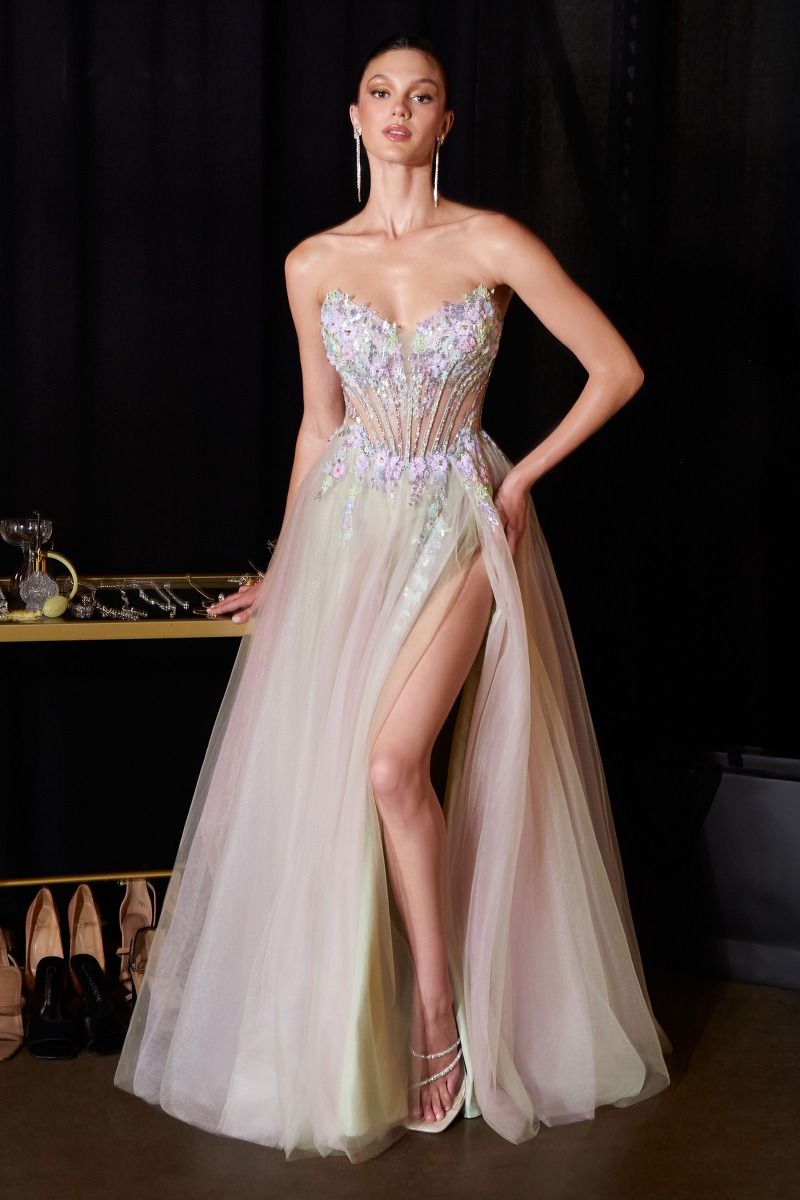 Strapless Floral Appliqué A-Line Gown with Corset Bodice and Leg Slit (CD2418)