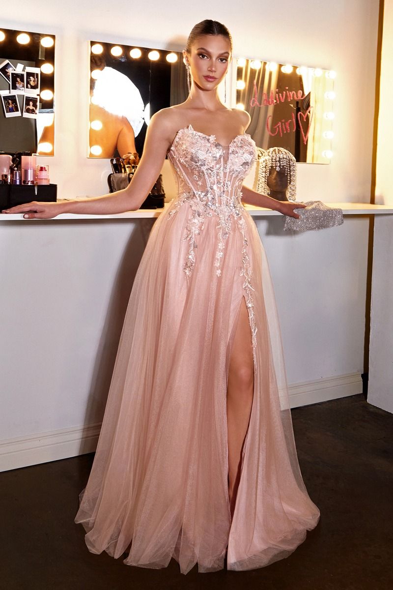 Enchanted Floral Corset Gown with Sheer Skirt and Leg Slit (CD2426)