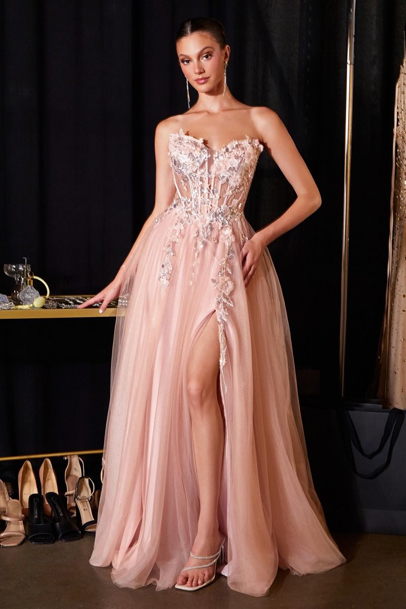 Enchanted Floral Corset Gown with Sheer Skirt and Leg Slit (CD2426)