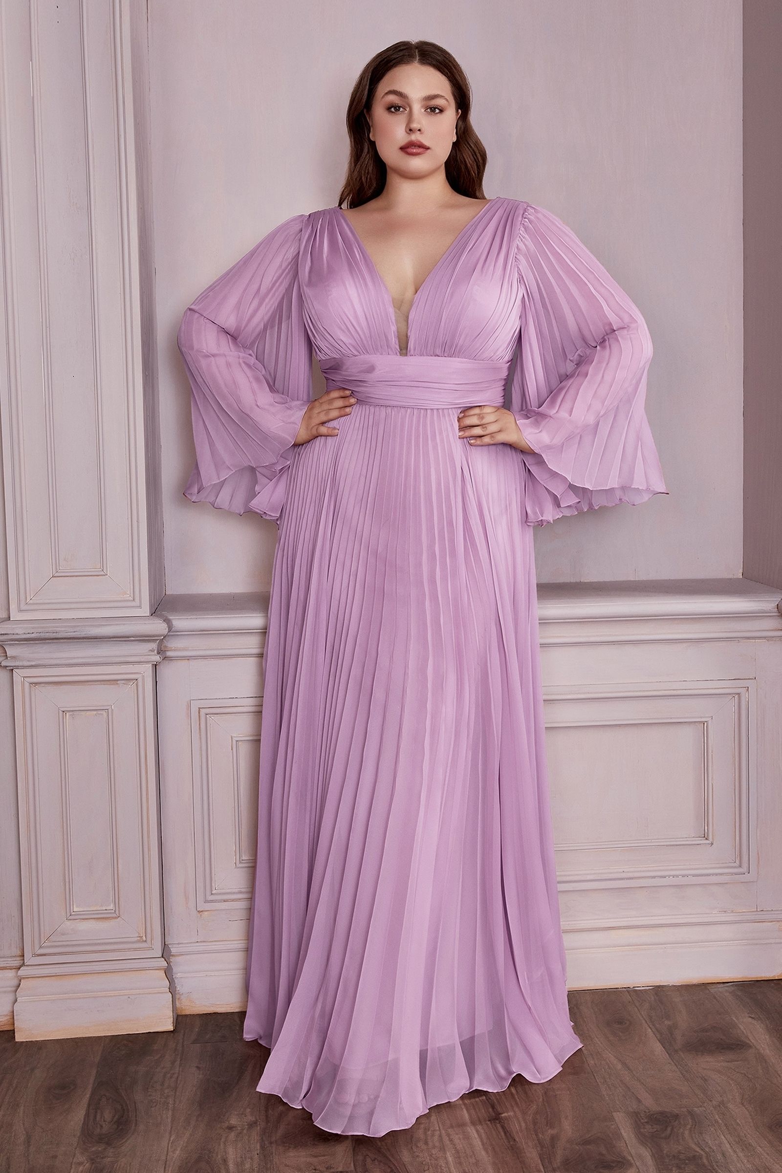 Pleated Chiffon Long Sleeve Gown (CD242C)