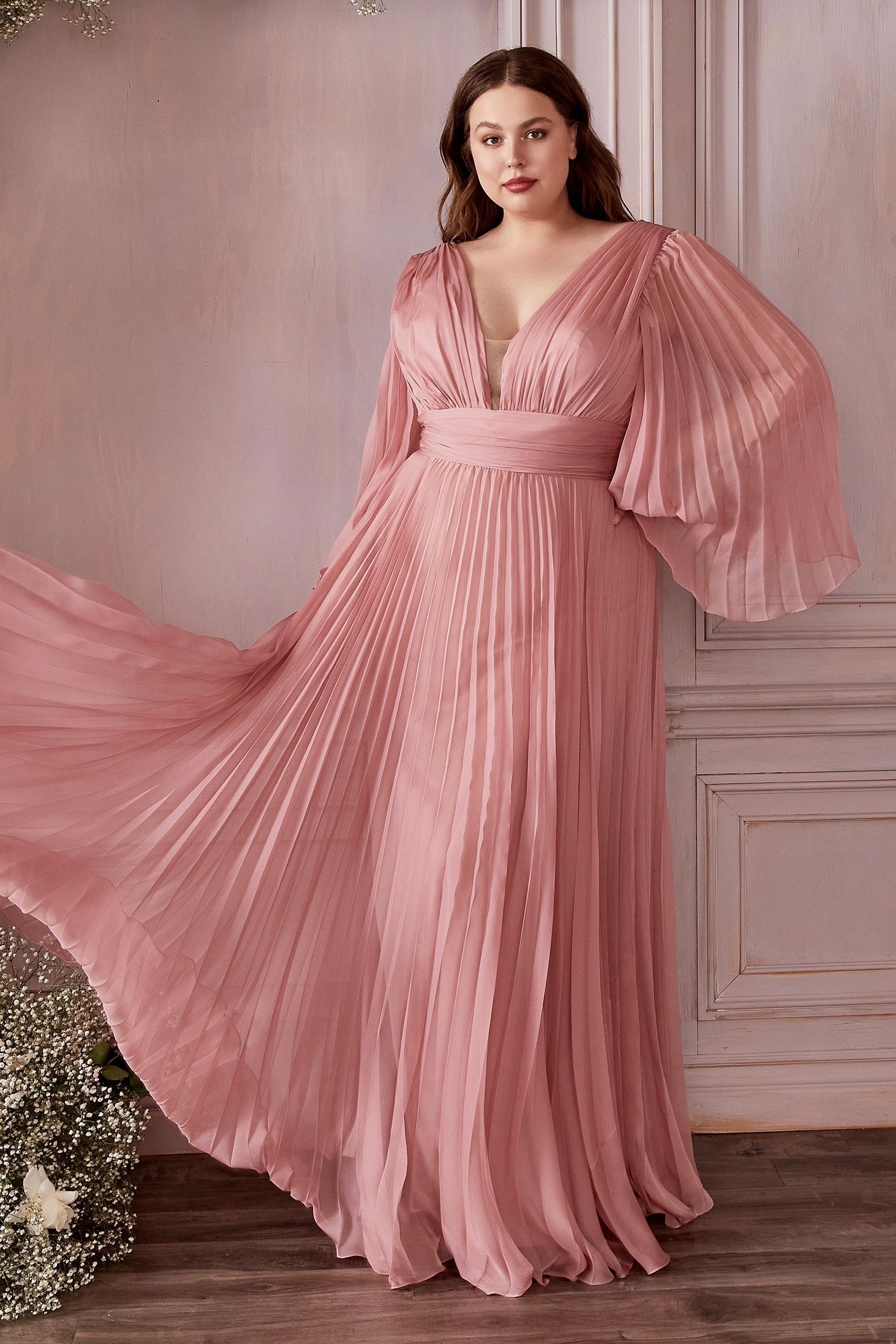 Pleated Chiffon Long Sleeve Gown (CD242C)