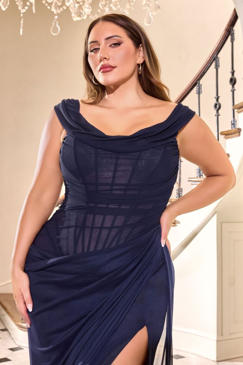 Refined Off the Shoulder Ruched Corset with Fitted Mesh Gown Slit (CD387C)