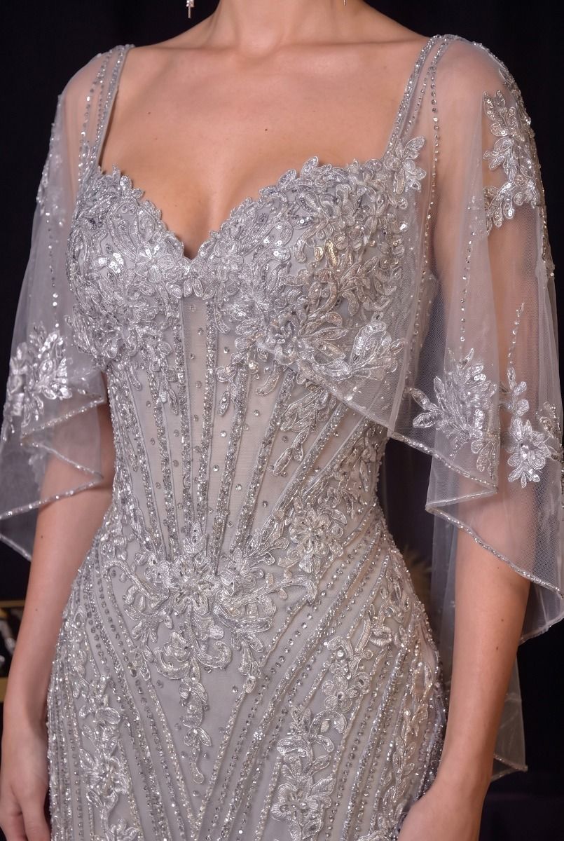 Fitted Metallic Lace Dress With Cape (CD637)
