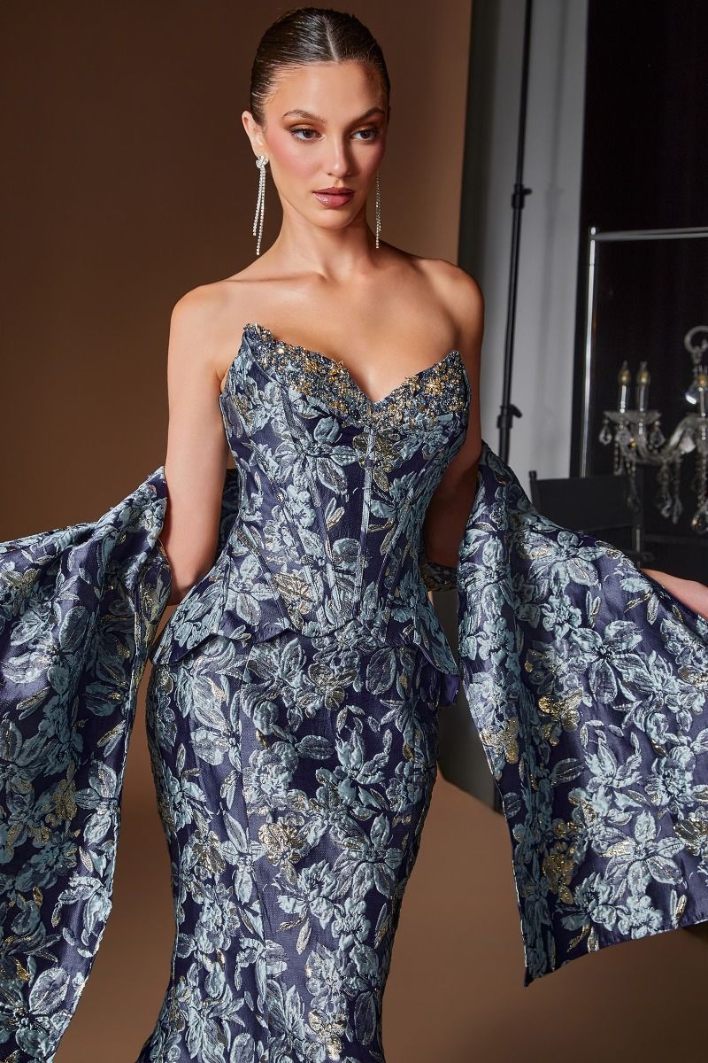 Floral Jacquard Strapless Corset Mermaid Gown with Matching Wrap (CD655)