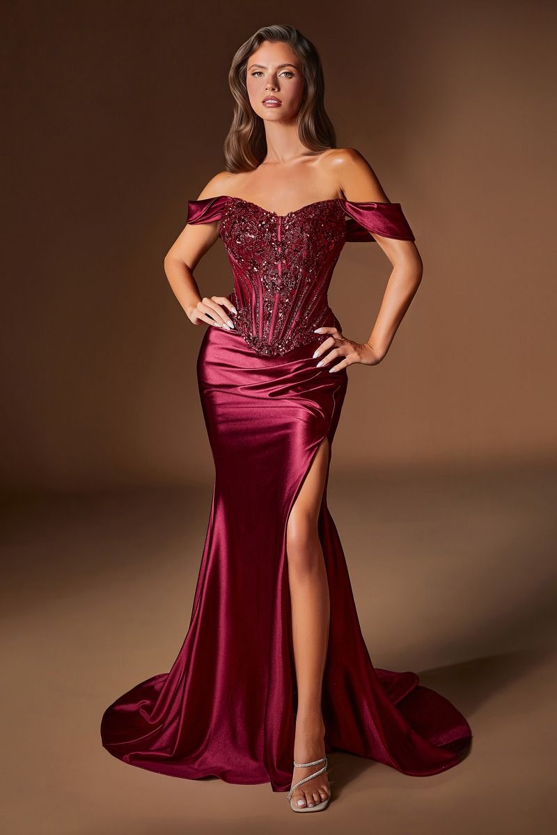 Off The Shoulder Satin & Lace Fitted Dress (CD656)