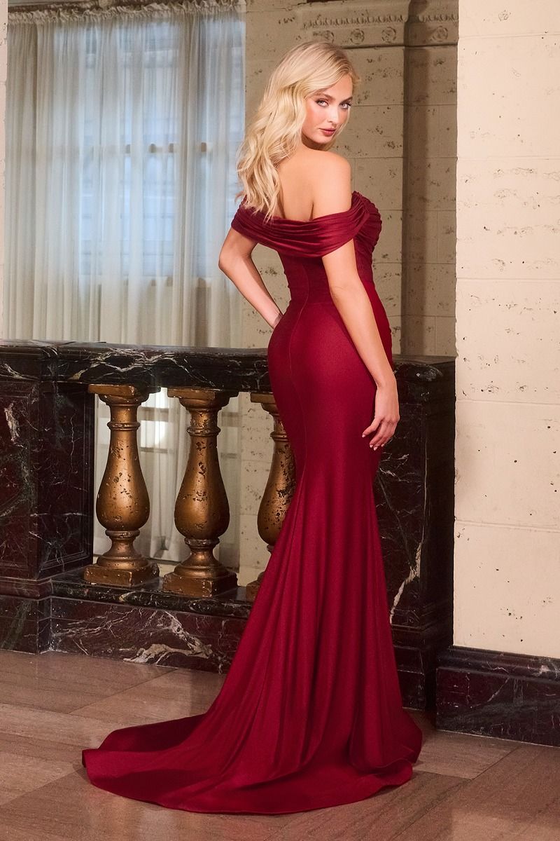 Luxury Crystal Embellished Off Shoulder Bodice with Stretch Satin Fitted Gown (CD667)