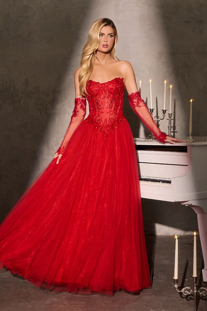 Elegant A-Line Sheer Overlay With Lace Appliqué Gown (CD717)