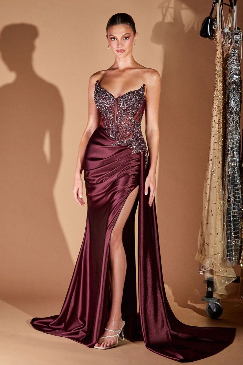 Glamorous Fitted Gown with Sheer Beaded Corset Bodice and Satin Draped Skirt (CD722)