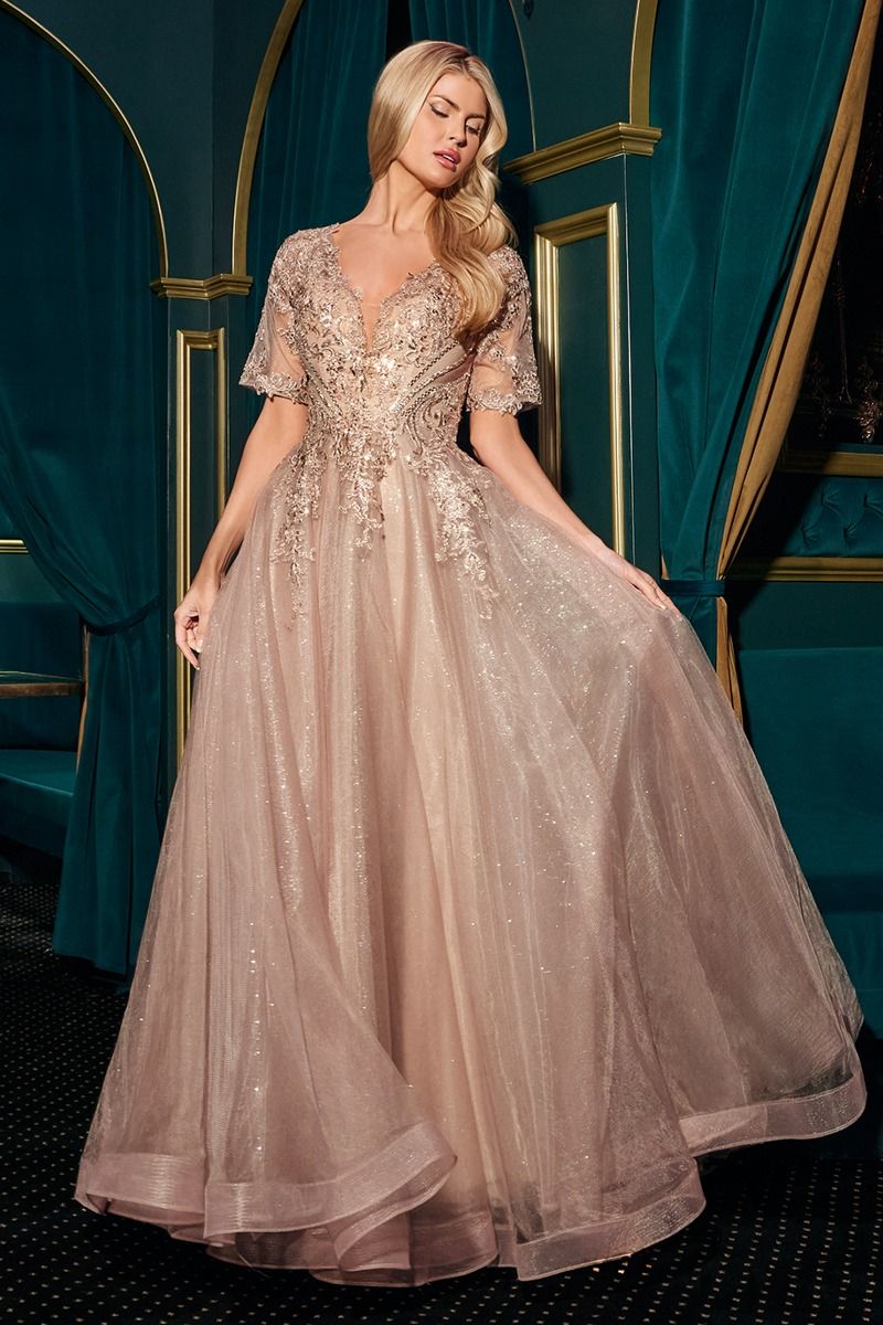 Half Sleeve Detailed Lace Shimmery A-Line Dress (CD726)
