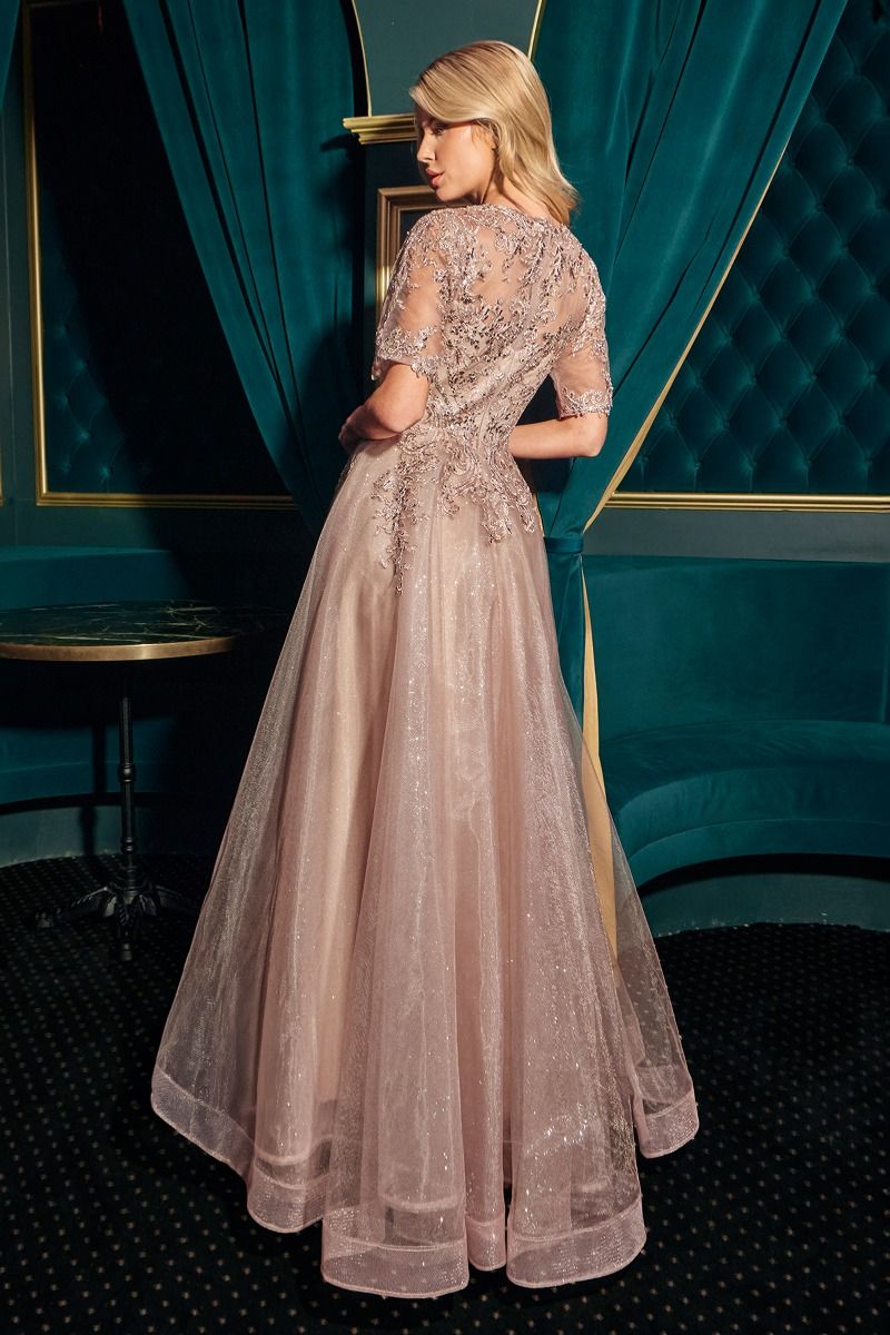 Half Sleeve Detailed Lace Shimmery A-Line Dress (CD726)