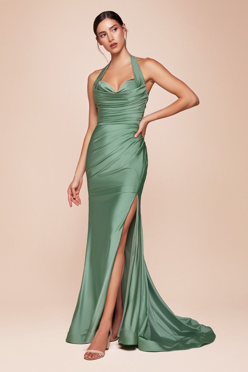Stretch Satin Halter Fitted Dress (CD796)