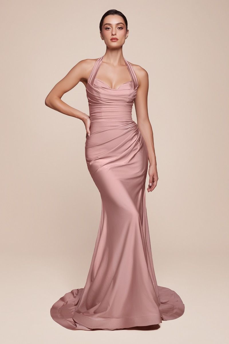 Stretch Satin Halter Fitted Dress (CD796)