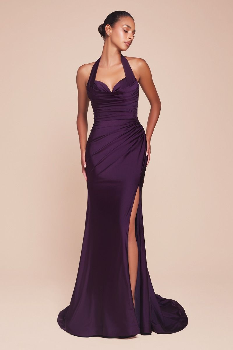 Stretch Satin Halter Fitted Dress (CD796)