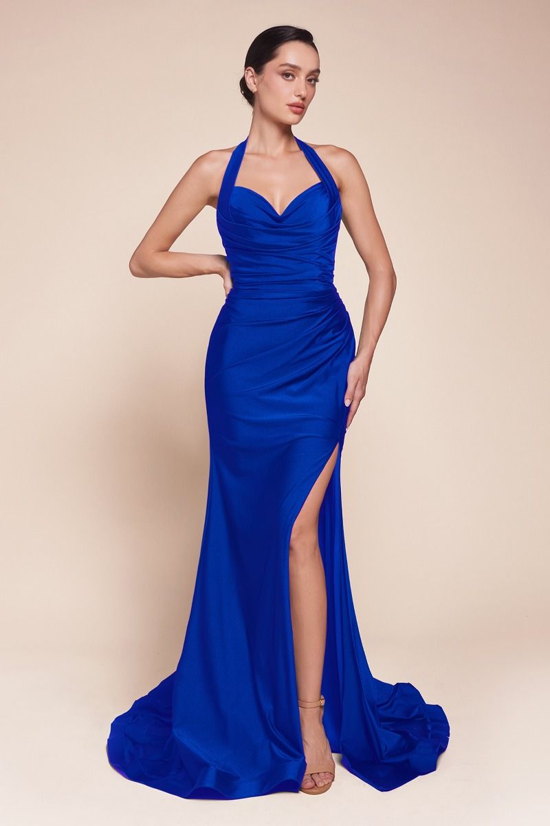 Stretch Satin Halter Fitted Dress (CD796)