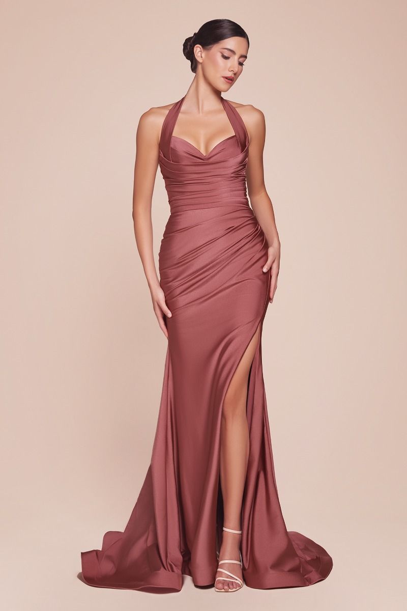 Stretch Satin Halter Fitted Dress (CD796)