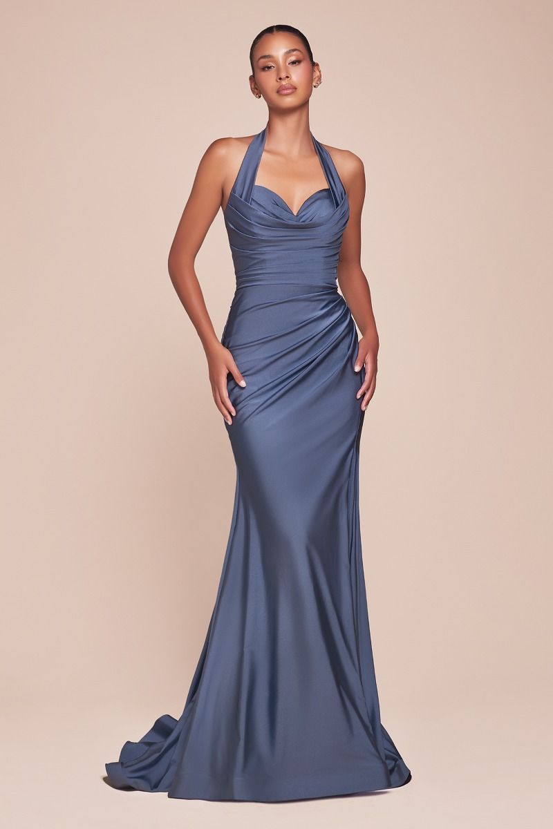 Stretch Satin Halter Fitted Dress (CD796)