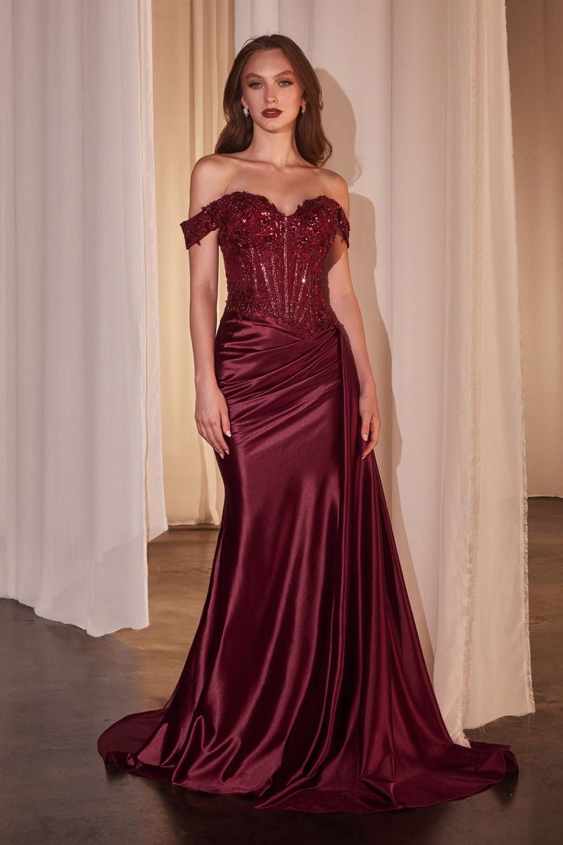 Off The Shoulder Lace & Satin Fitted Gown (CD803)