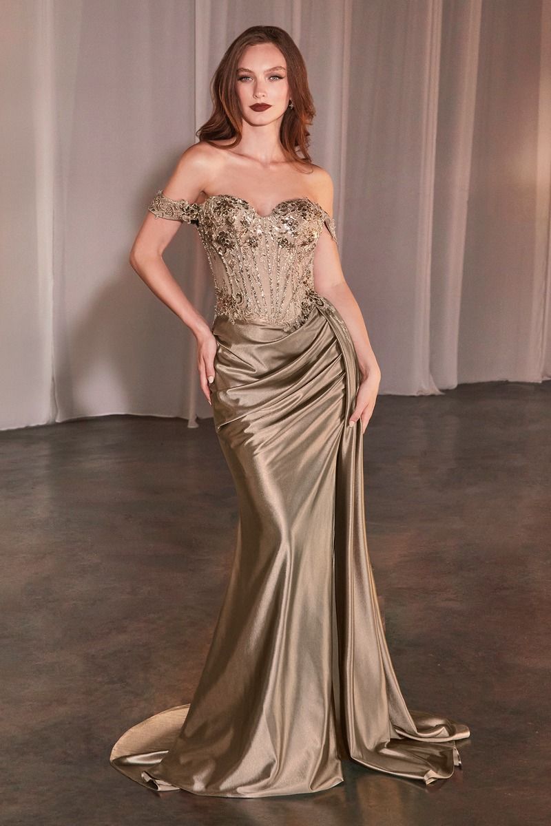 Off The Shoulder Lace & Satin Fitted Gown (CD803)